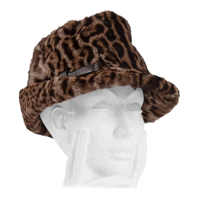 1960s Ocelot Animal Print Leather Bow Embellished Brown Black Genuine Fur Hat