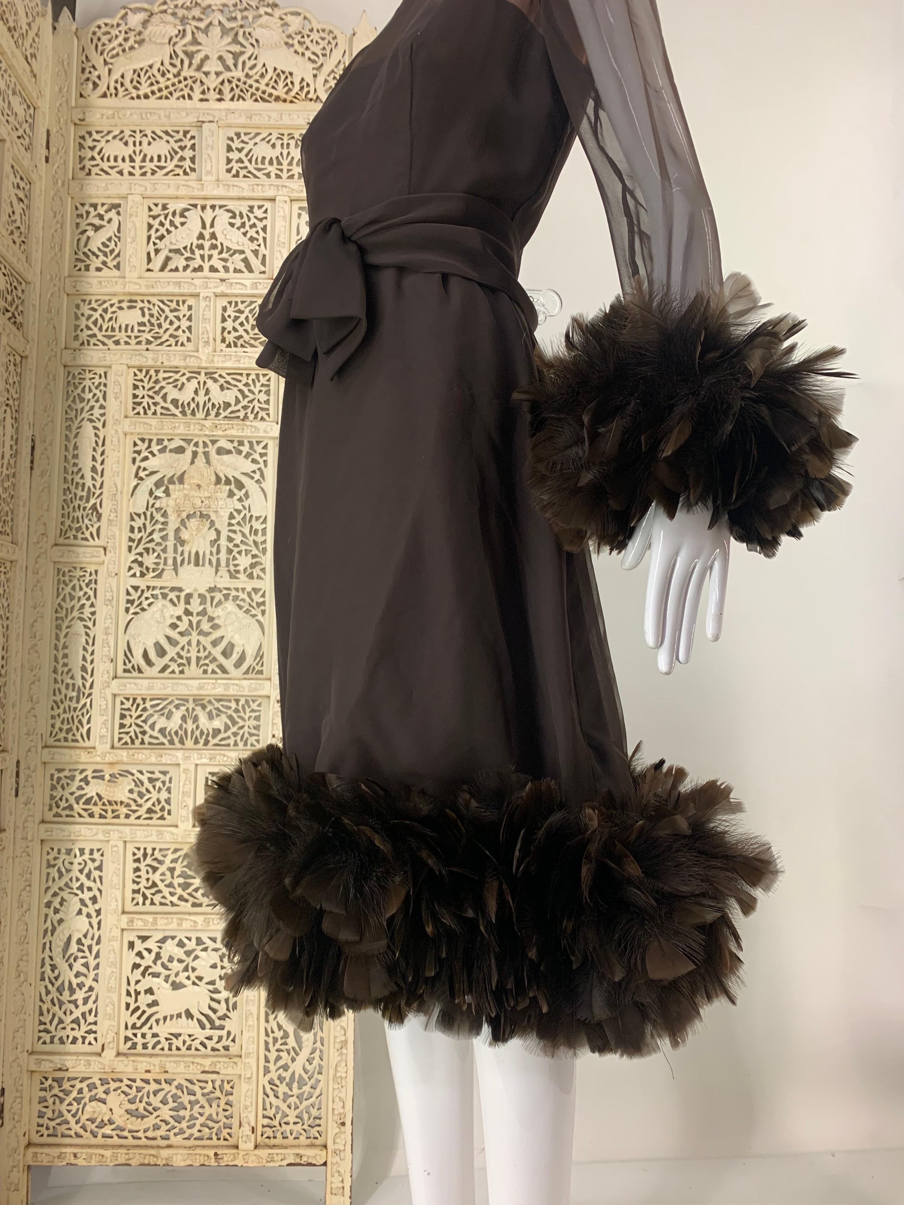 1960s Anita Modes Chocolate Chiffon and Crepe Dress w Turkey Feather Trim For Sale 6