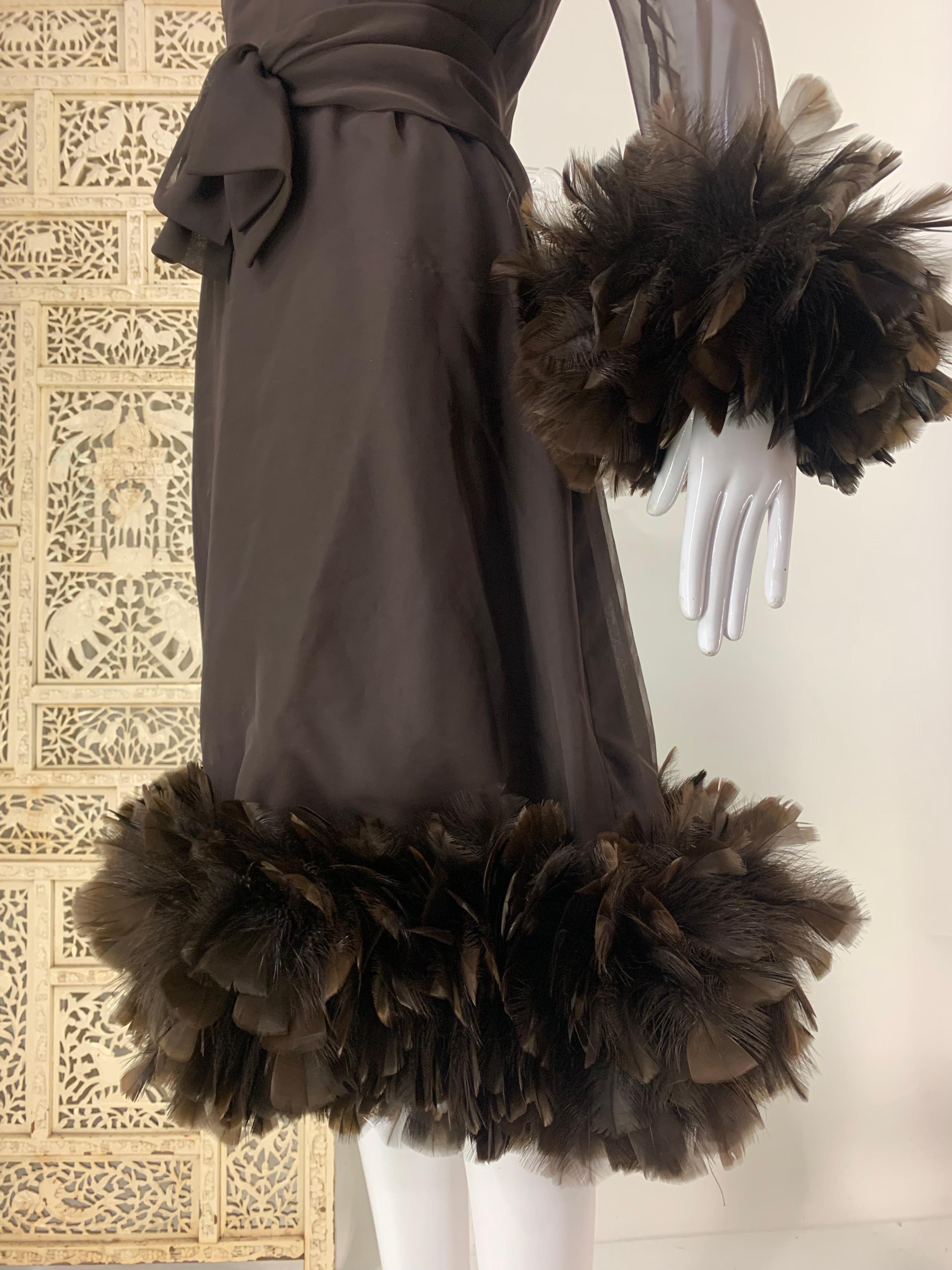 1960s Anita Modes Chocolate Chiffon and Crepe Dress w Turkey Feather Trim For Sale 7