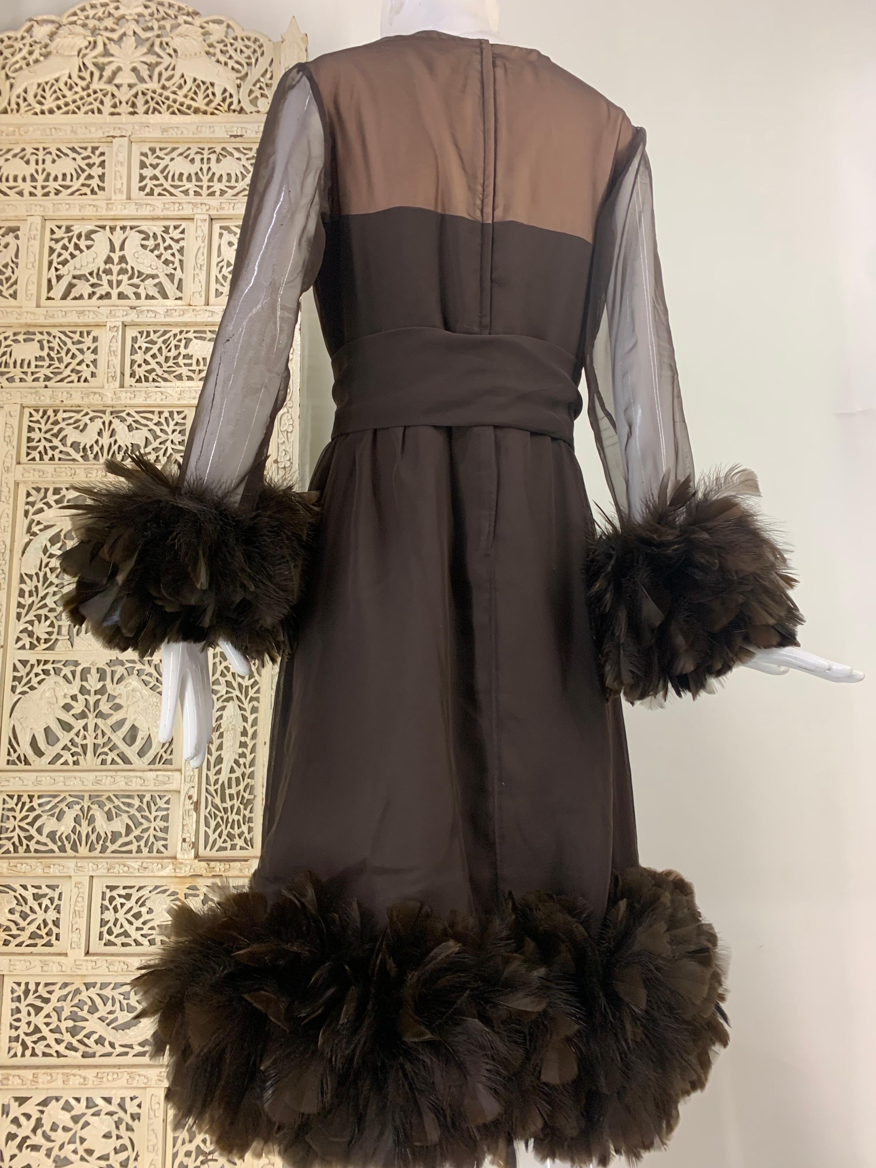 1960s Anita Modes Chocolate Chiffon and Crepe Dress w Turkey Feather Trim For Sale 8