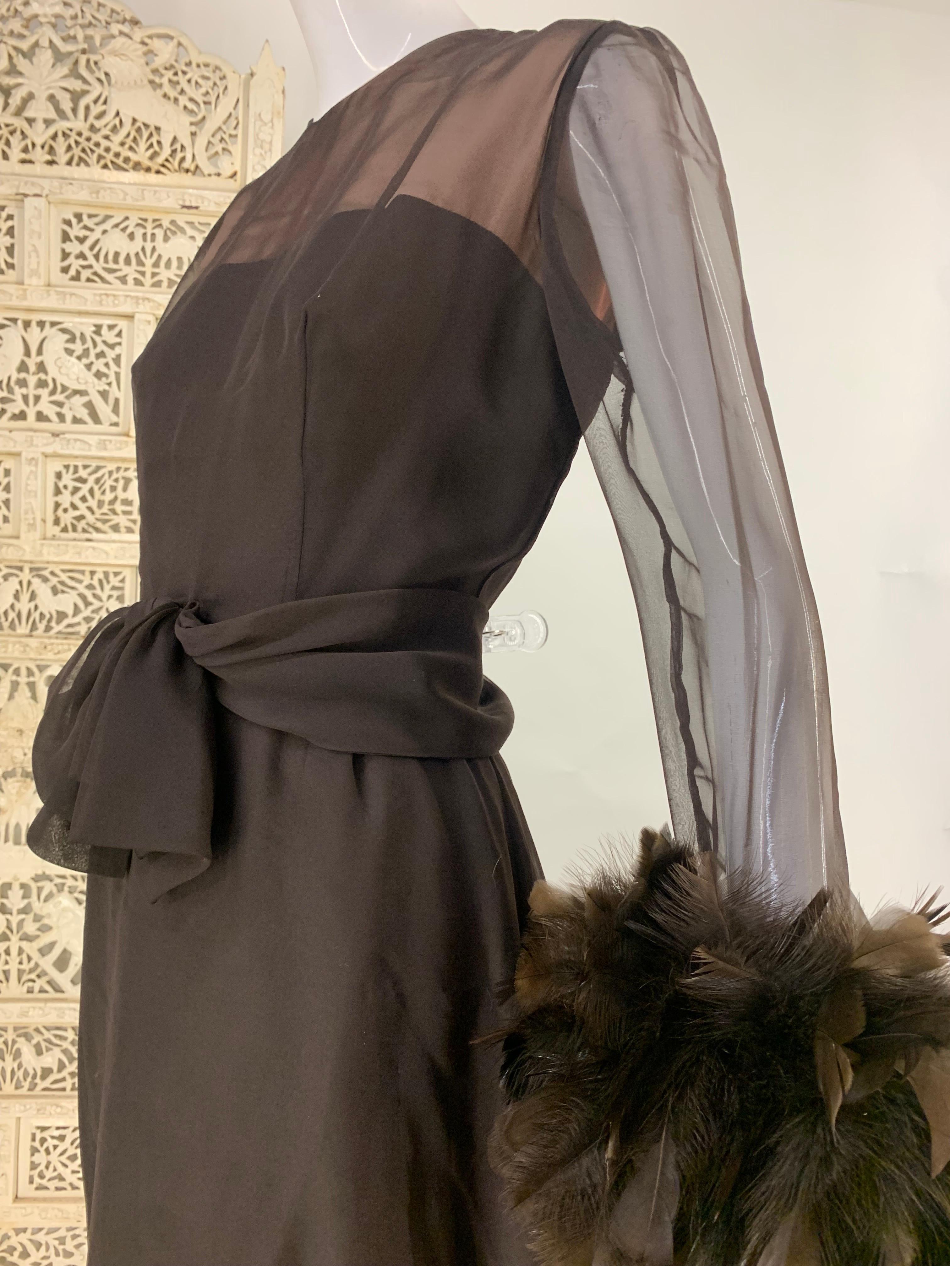 1960s Anita Modes Chocolate Chiffon and Crepe Dress w Turkey Feather Trim For Sale 9