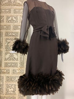 1960s Anita Modes Chocolate Chiffon and Crepe Dress w Turkey Feather Trim