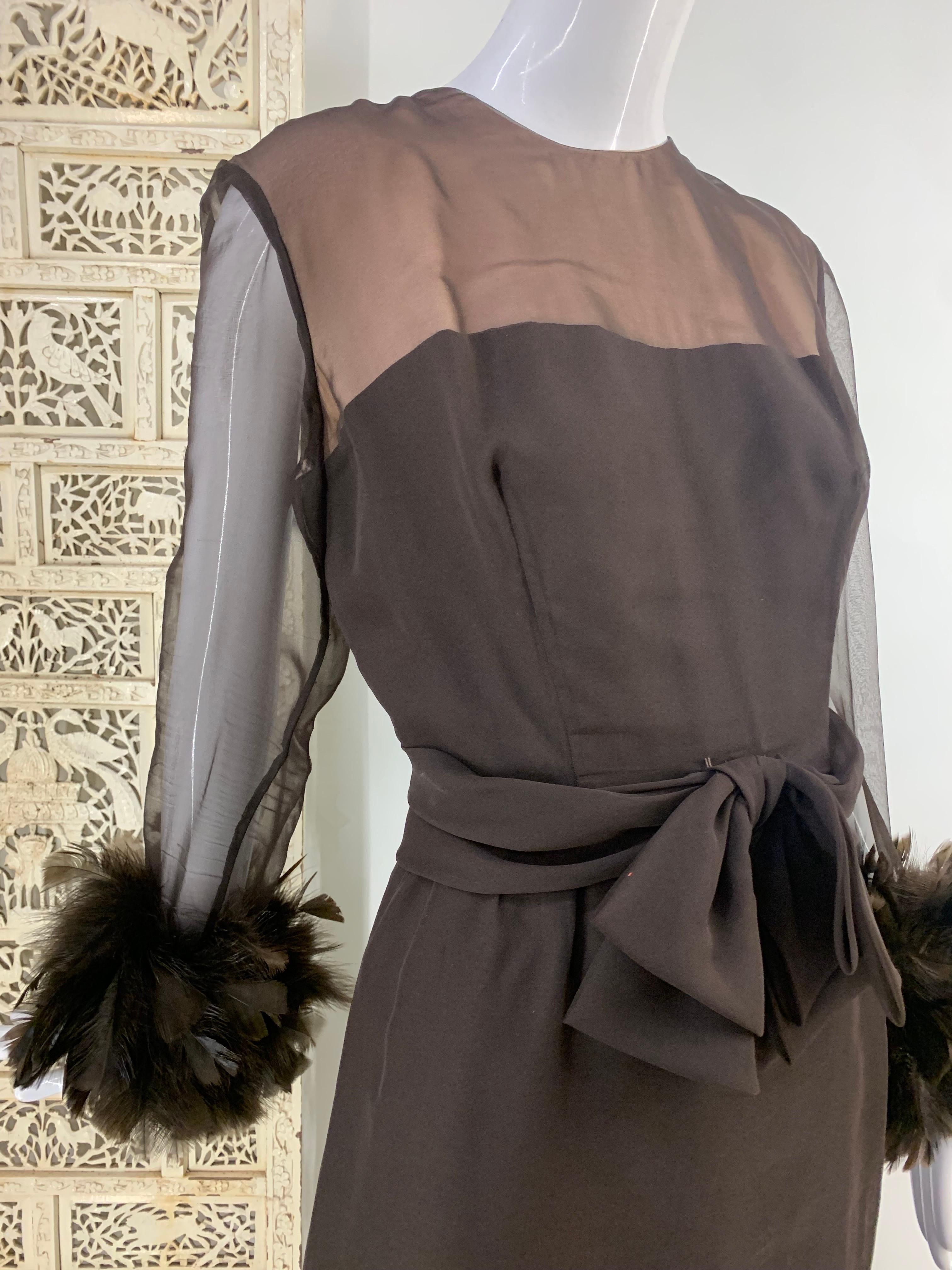 1960s Anita Modes Chocolate Chiffon and Crepe Dress w Turkey Feather Trim In Excellent Condition For Sale In Gresham, OR
