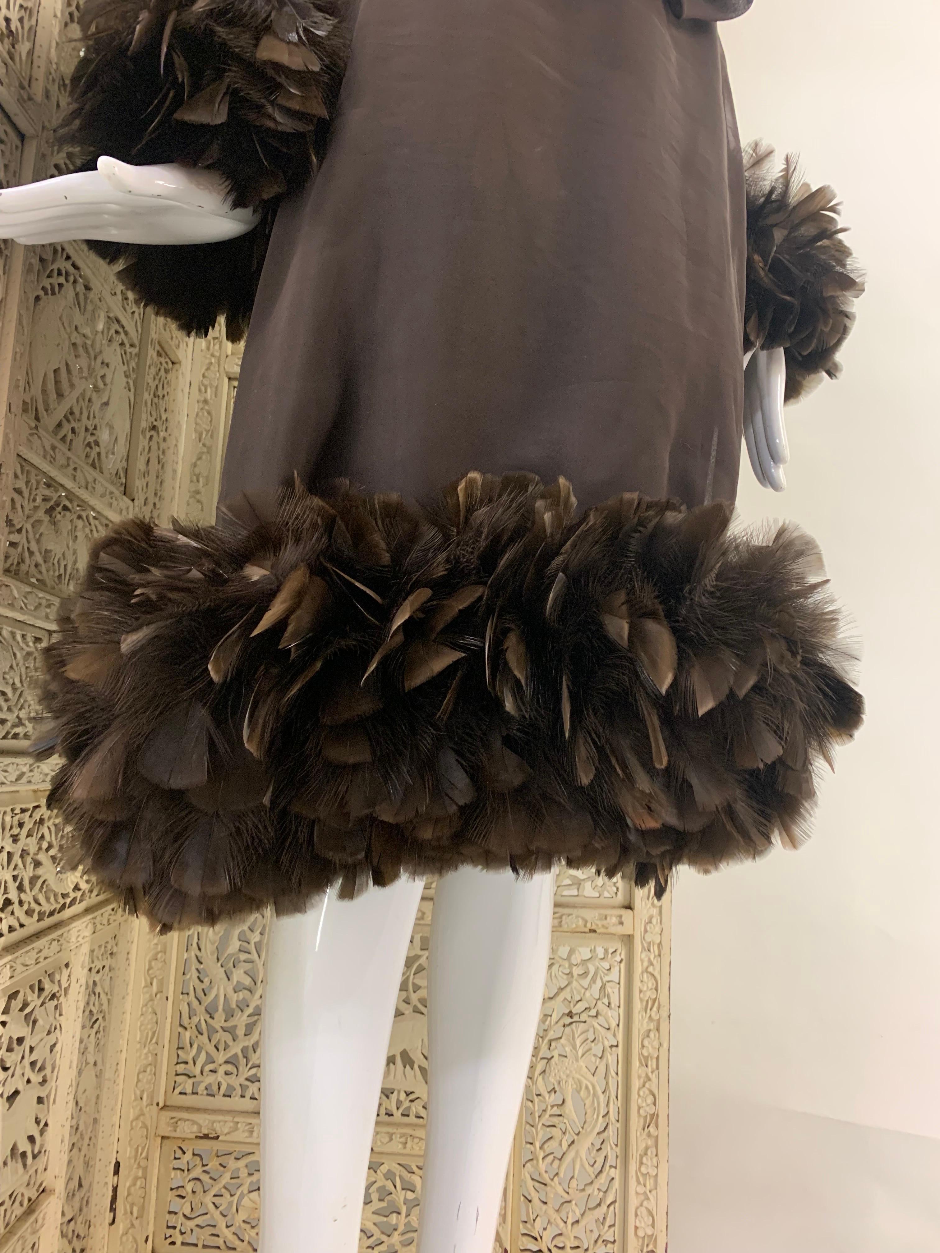 Women's 1960s Anita Modes Chocolate Chiffon and Crepe Dress w Turkey Feather Trim For Sale