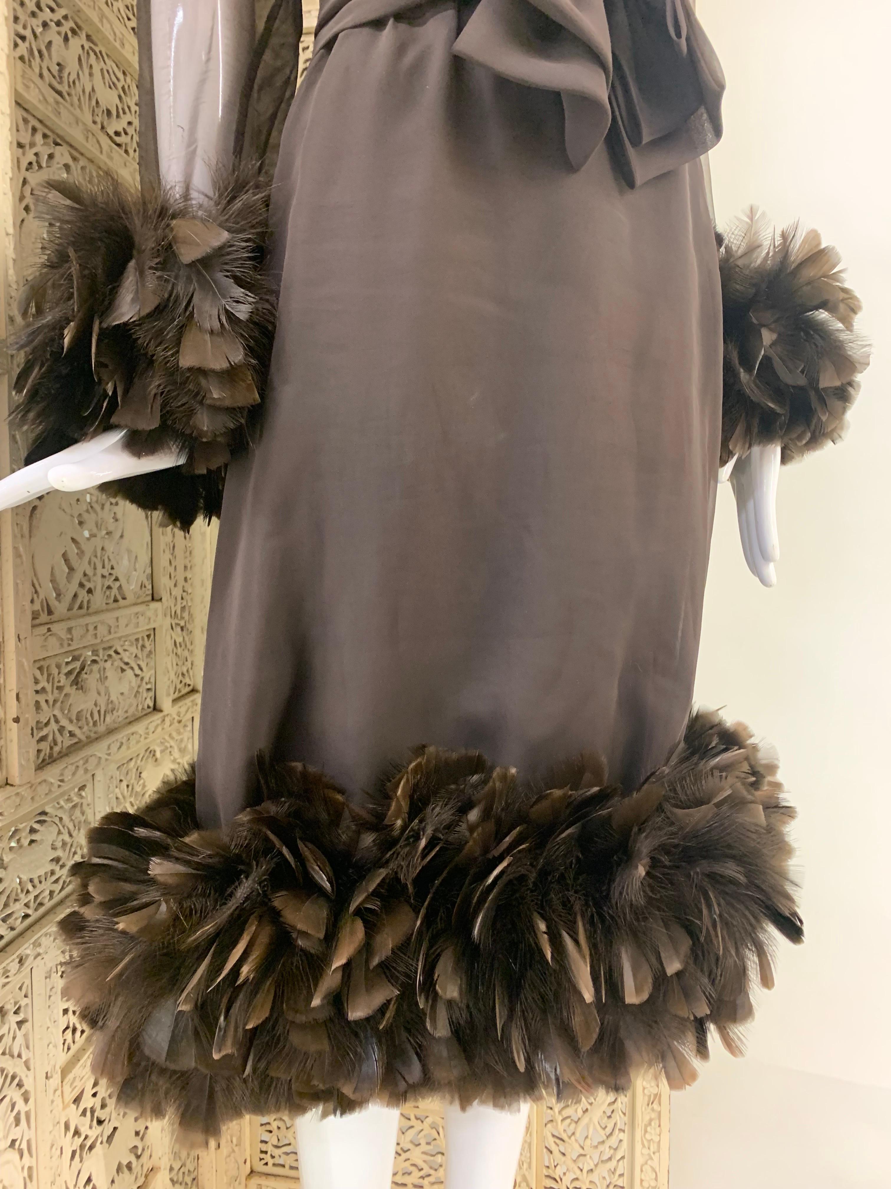 1960s Anita Modes Chocolate Chiffon and Crepe Dress w Turkey Feather Trim For Sale 1