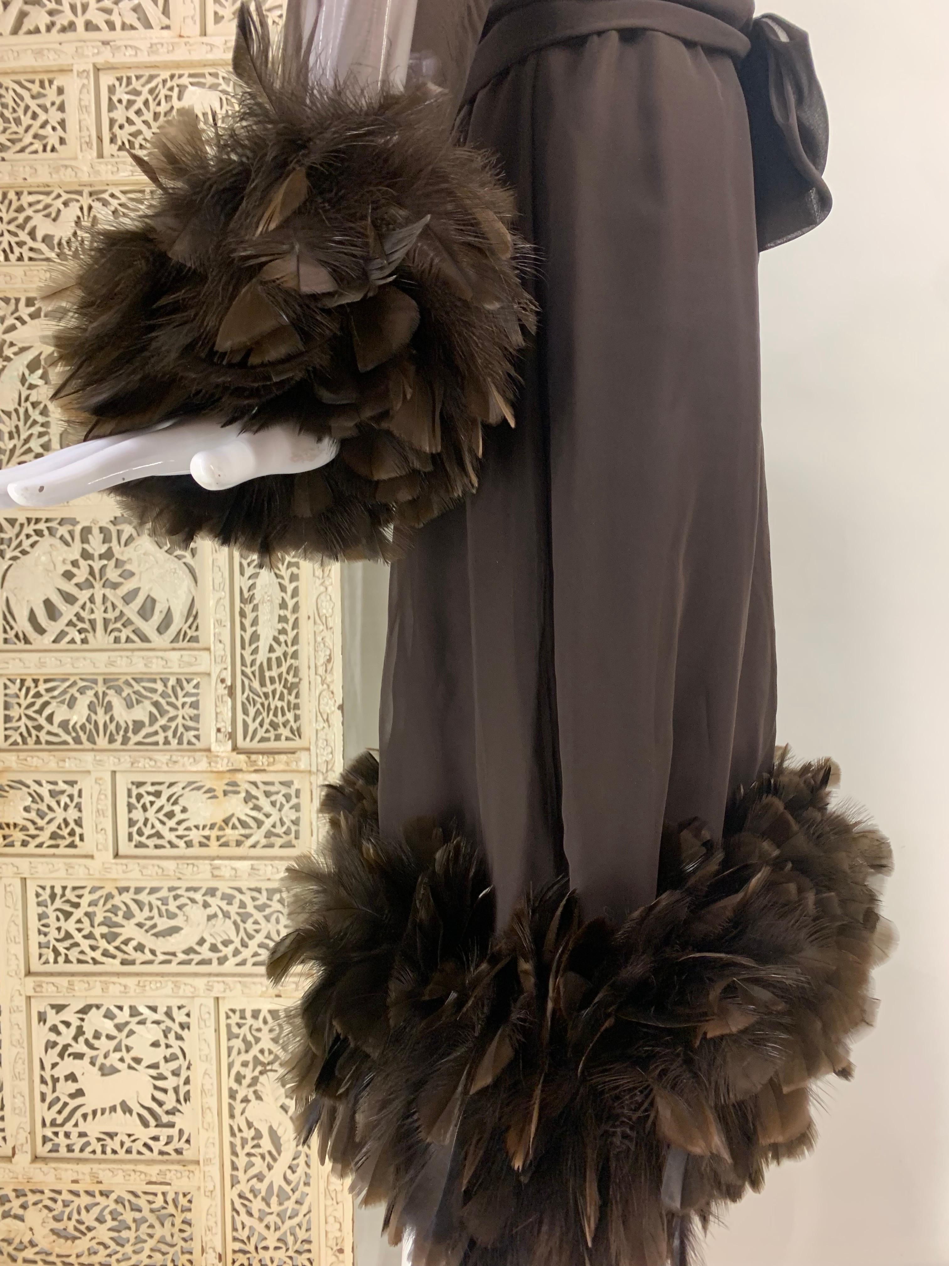 1960s Anita Modes Chocolate Chiffon and Crepe Dress w Turkey Feather Trim For Sale 5
