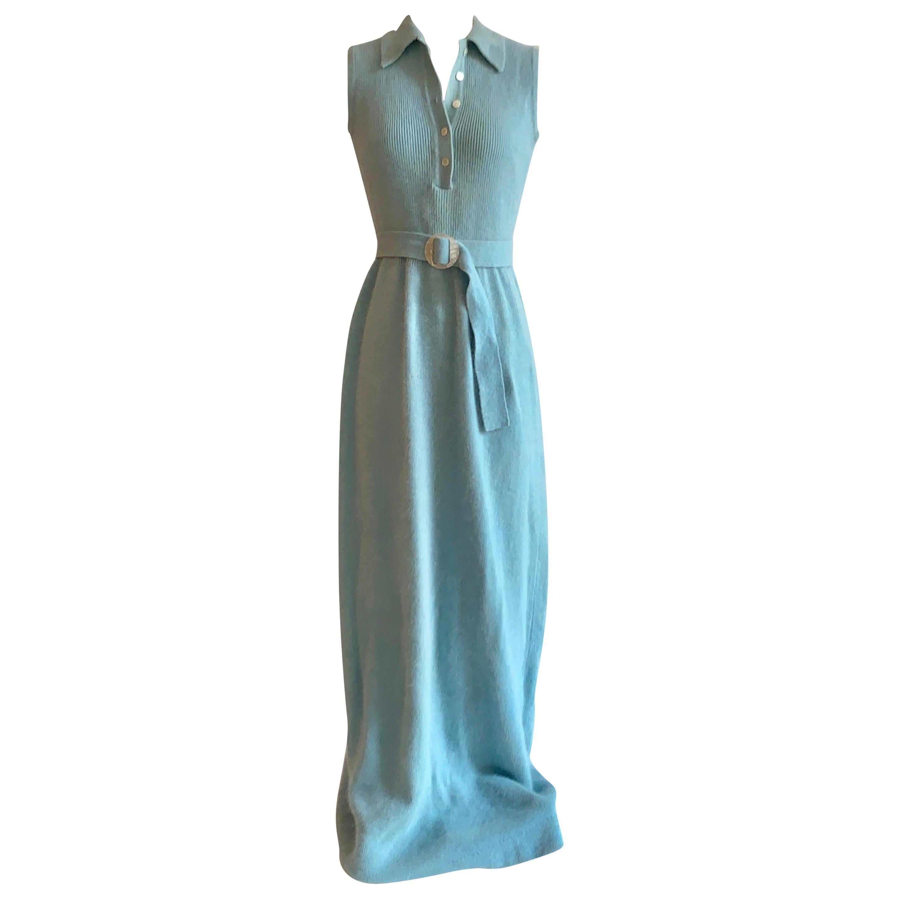 1960s Anne Fogarty Light Blue Angora Sleeveless Sweater Knit Maxi Dress