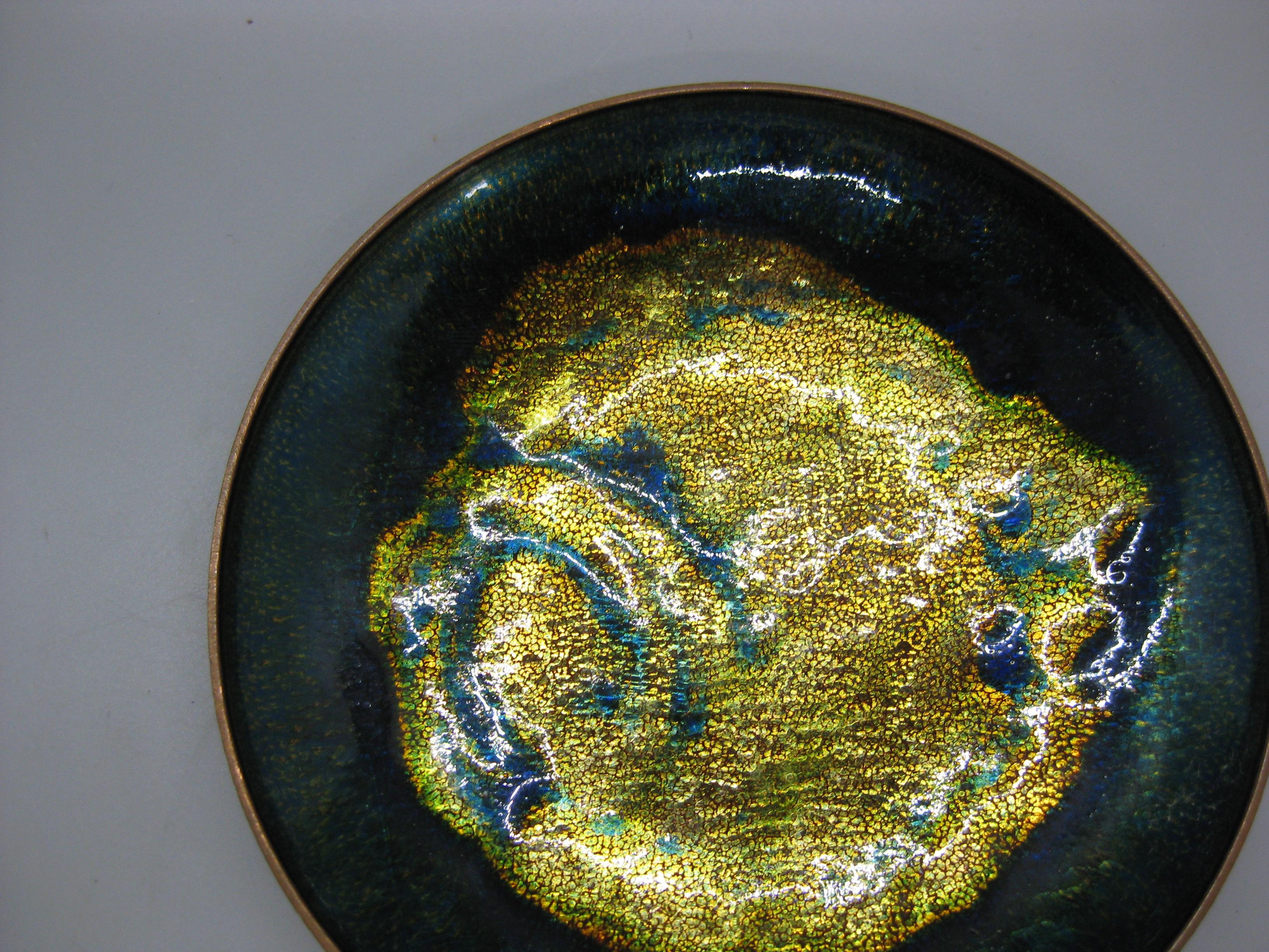 Hand-Crafted 1960's Anne-Grete Ploen Norway Abstract Enamel on Copper Dish Plate Signed! For Sale