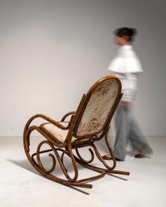 1960s Antique Bamboo Rocking Chair with Distressed Cream Finish