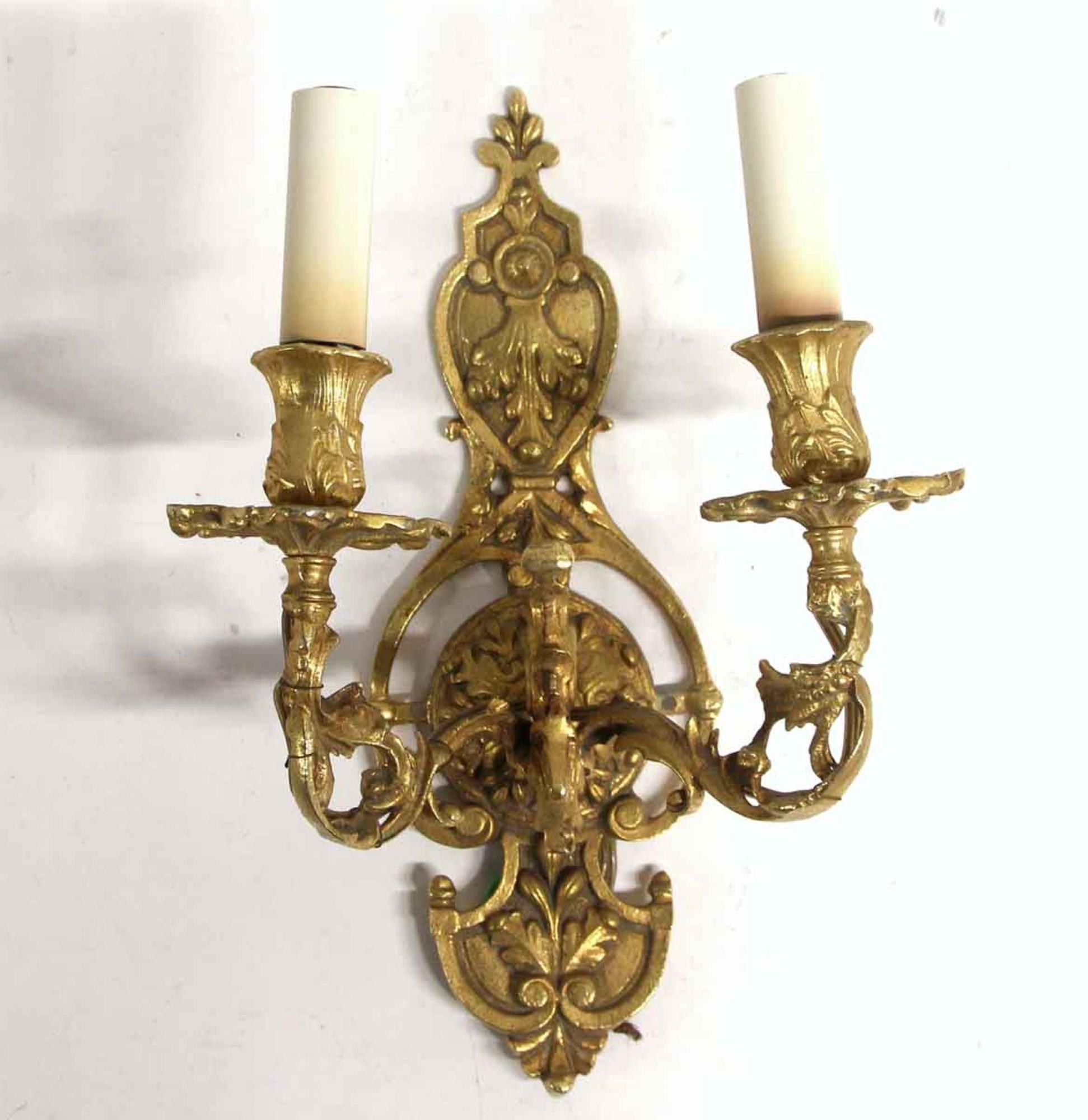 French 1960s Antique Pair of Two Arm Cast Brass Wall Sconces from France