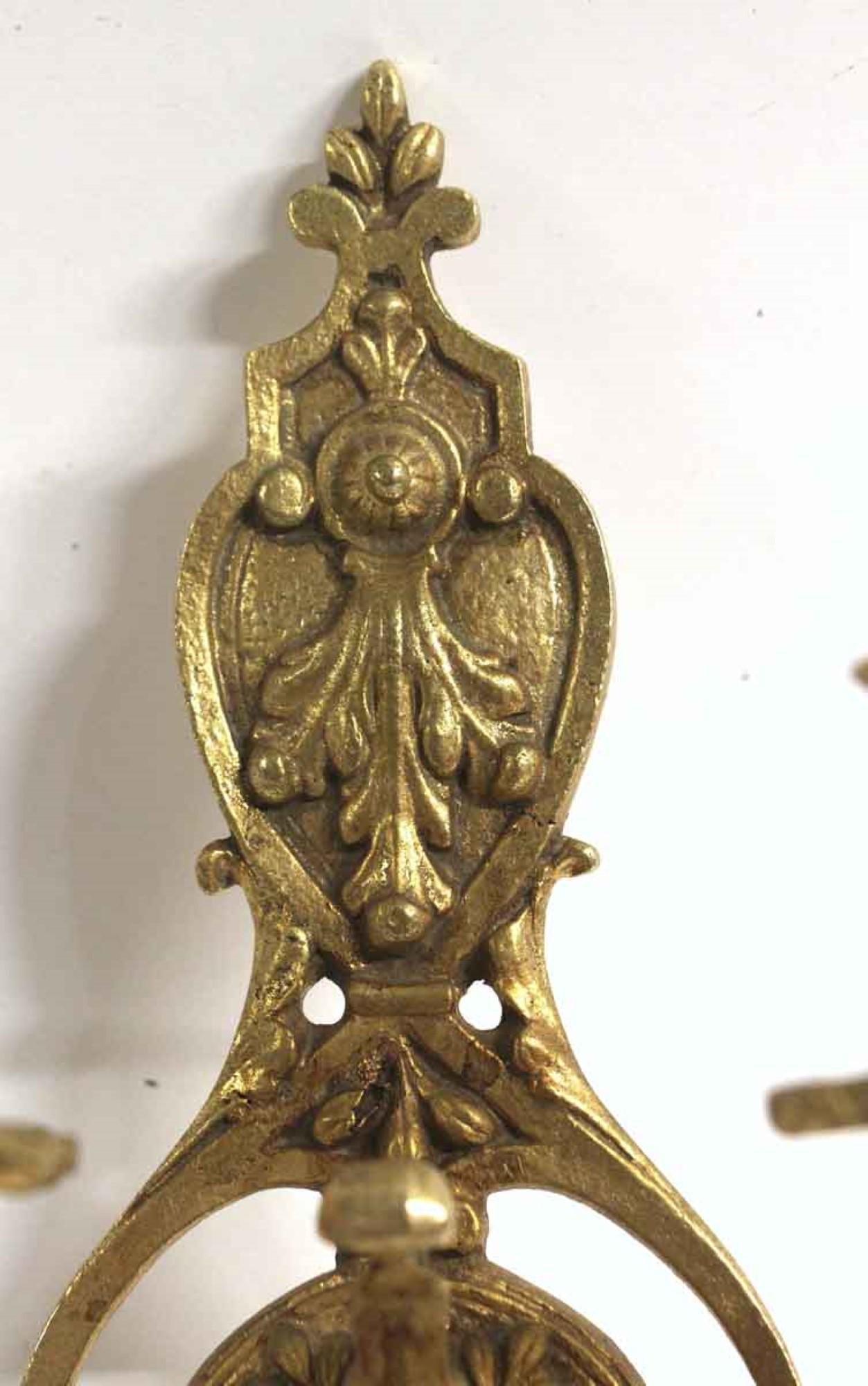 1960s Antique Pair of Two Arm Cast Brass Wall Sconces from France In Good Condition In New York, NY