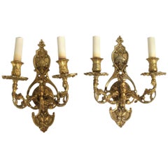 1960s Antique Pair of Two Arm Cast Brass Wall Sconces from France