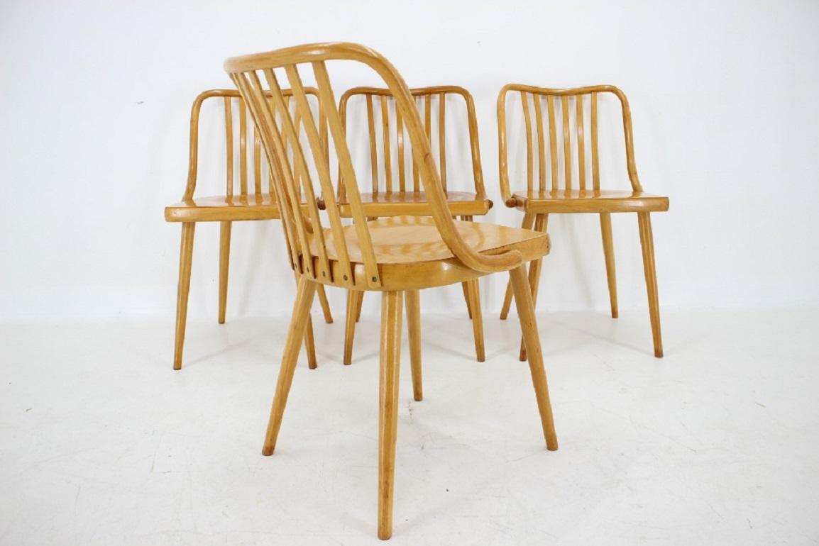 Antonin Suman ensemble de quatre chaises de salle à manger en hêtre des années 1960, Tchécoslovaquie en vente 1