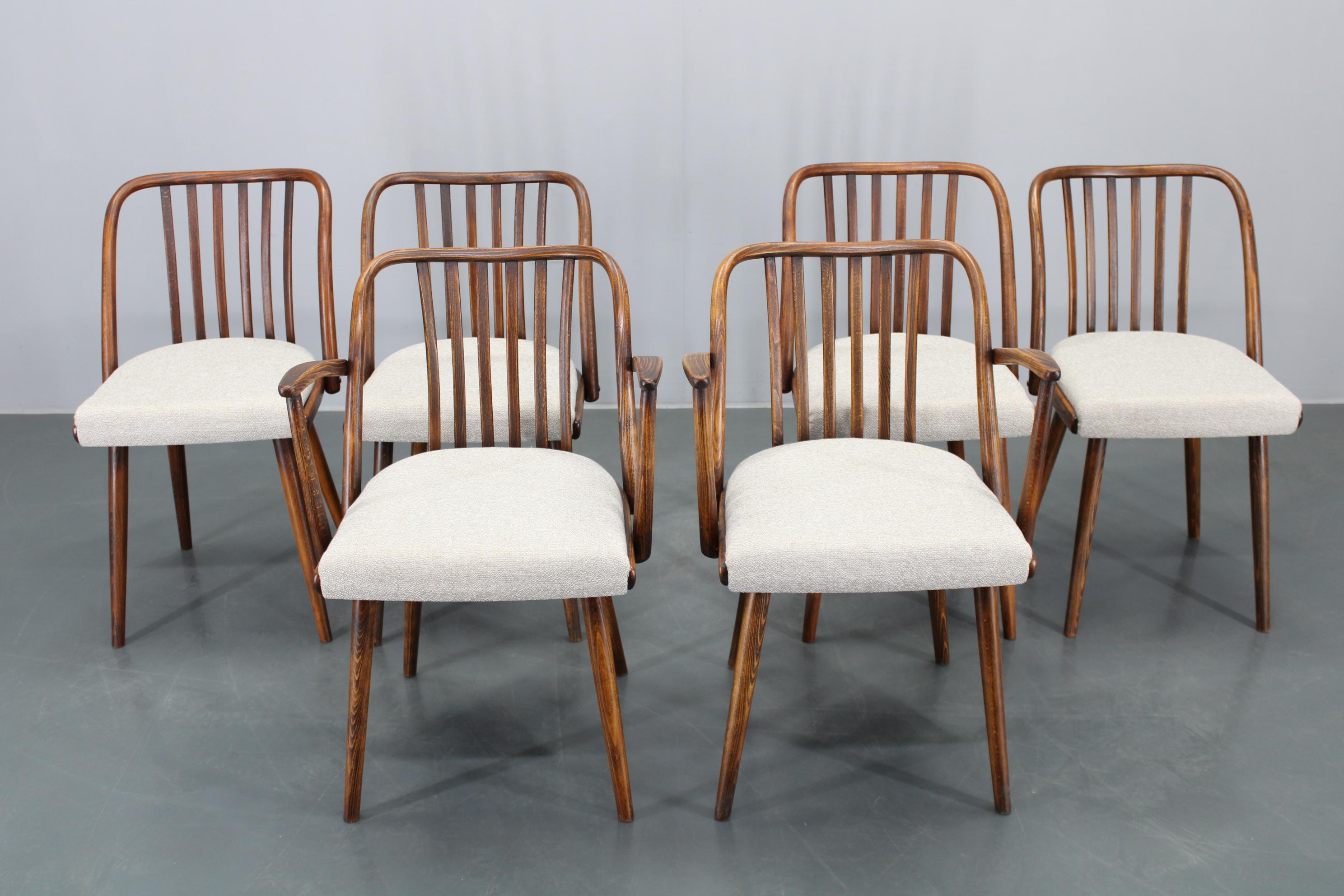 Fabric 1960s Antonin Suman Set of Six Beech Dining Chairs, Restored For Sale