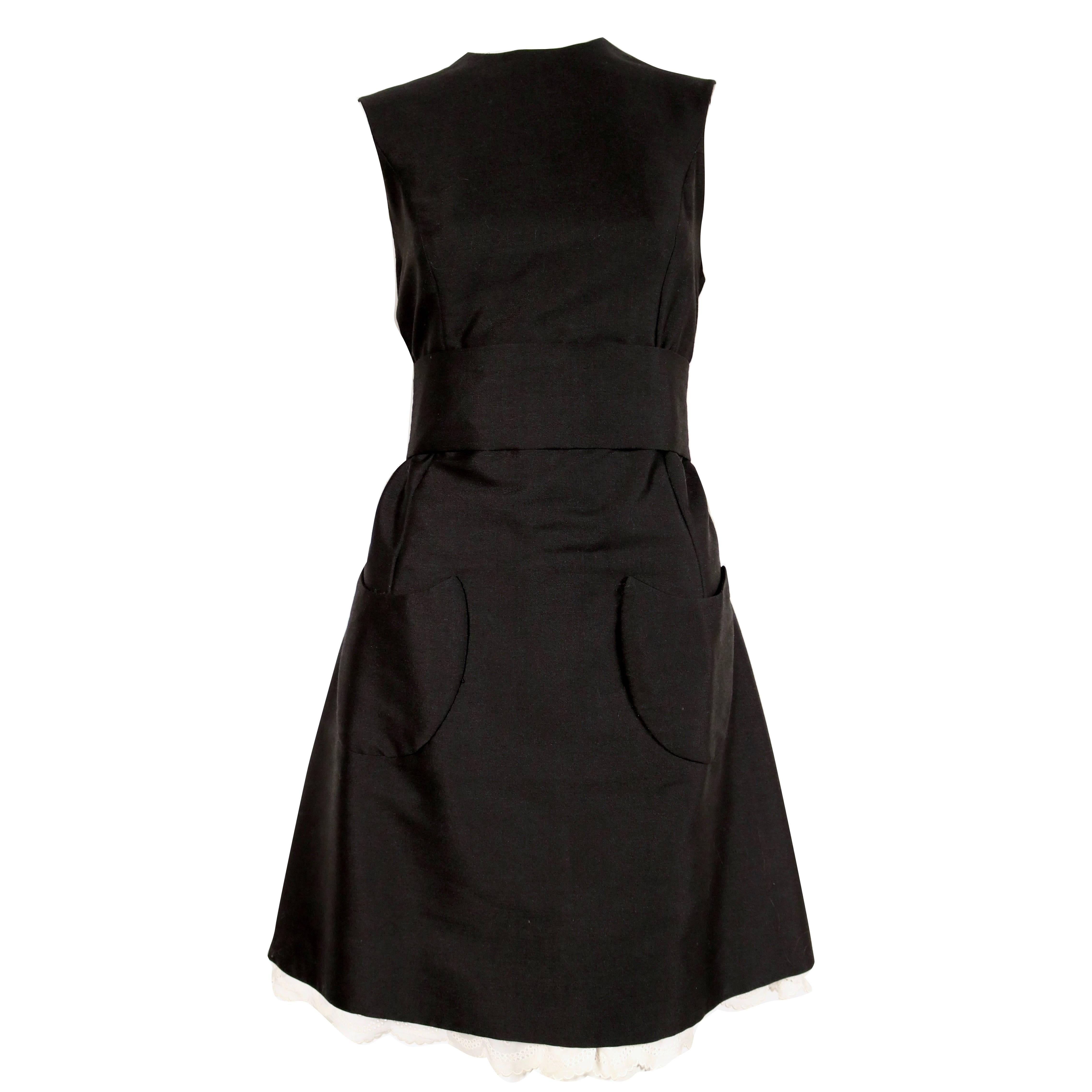 Black 1960's ANTONIO DEL CASTILLO haute couture black dress with patch pockets & lace For Sale