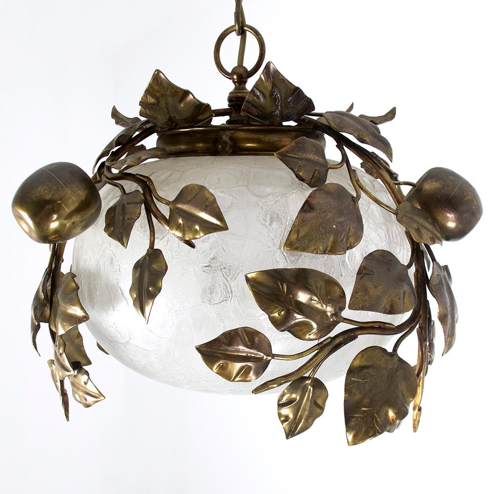 Mid-Century Modern 1960s Apple Leaf Pendant Lamp Brass & Glass Hollywood Regency  For Sale