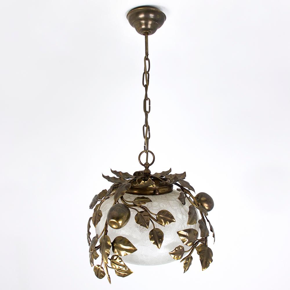 European 1960s Apple Leaf Pendant Lamp Brass & Glass Hollywood Regency  For Sale