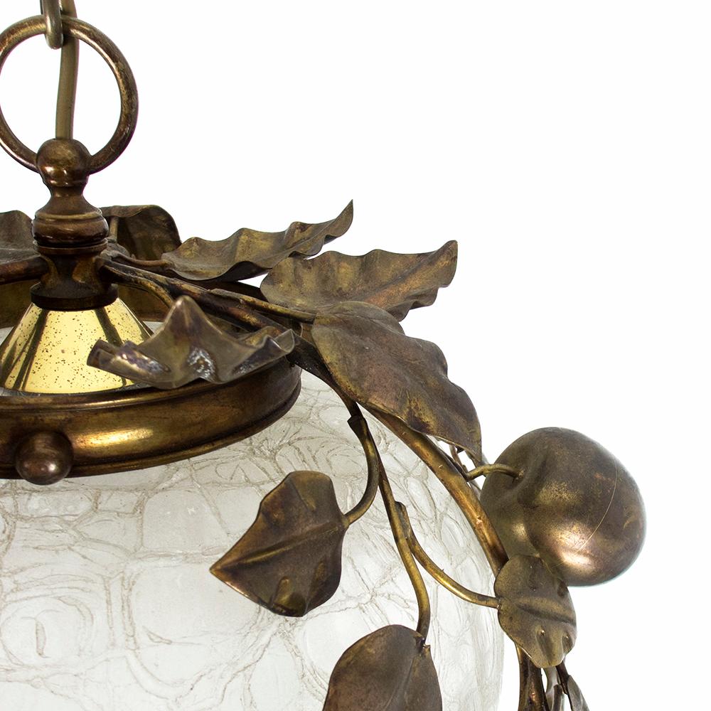 20th Century 1960s Apple Leaf Pendant Lamp Brass & Glass Hollywood Regency  For Sale