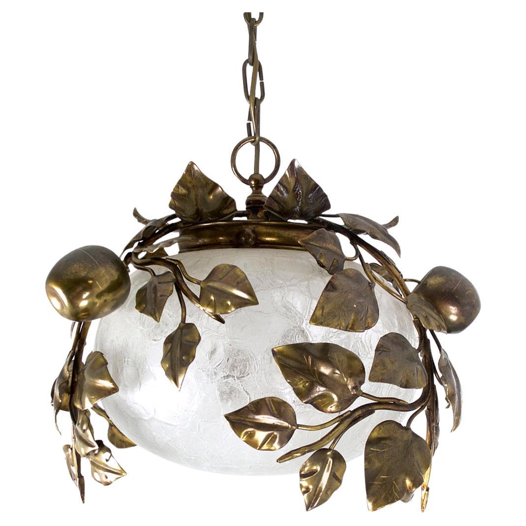 1960s Apple Leaf Pendant Lamp Brass & Glass Hollywood Regency 