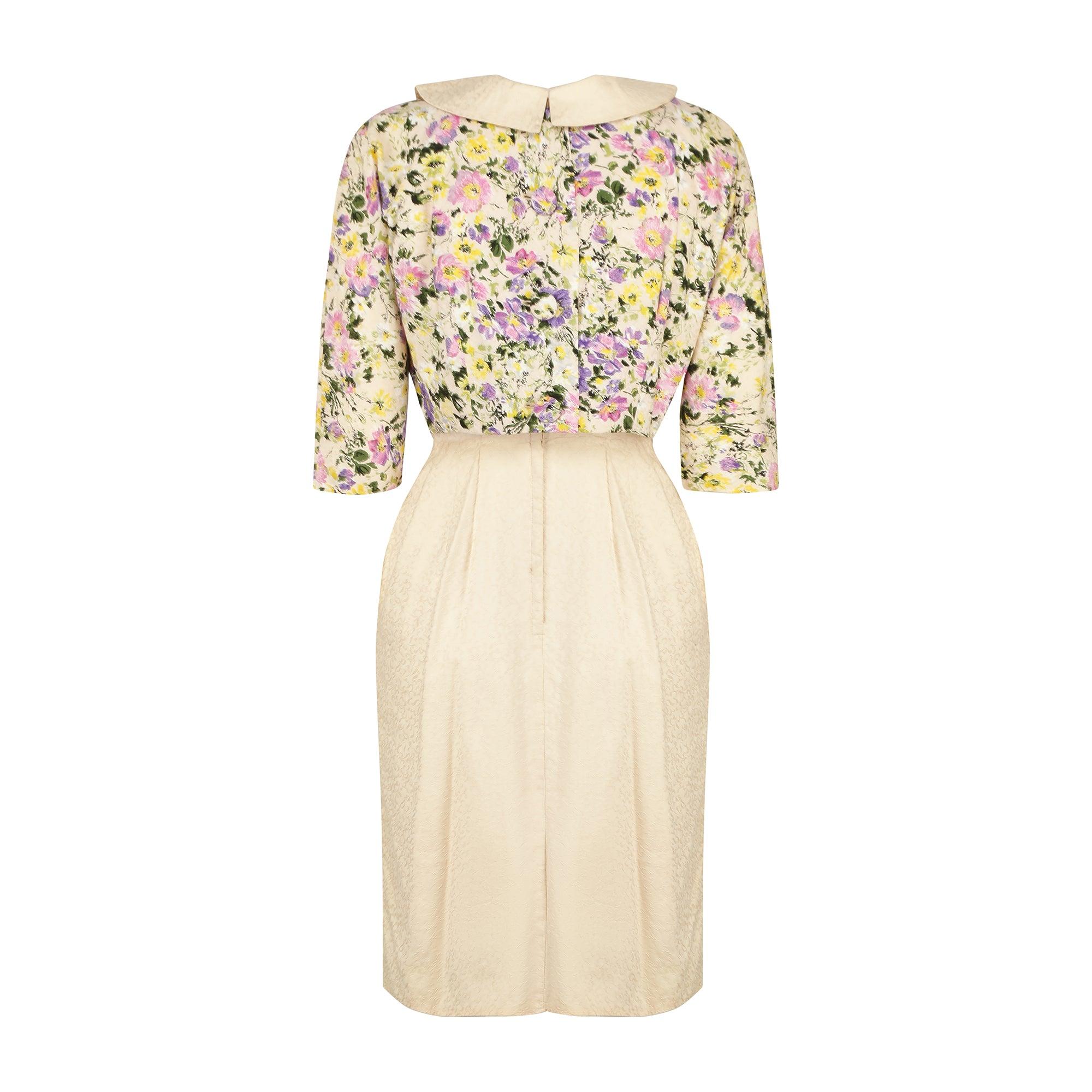 Beige 1960s Apricot Cotton Dress and Pastel Floral Jacket For Sale