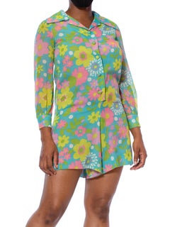 1960S Aqua Blue Floral Cotton Voile Mod Romper