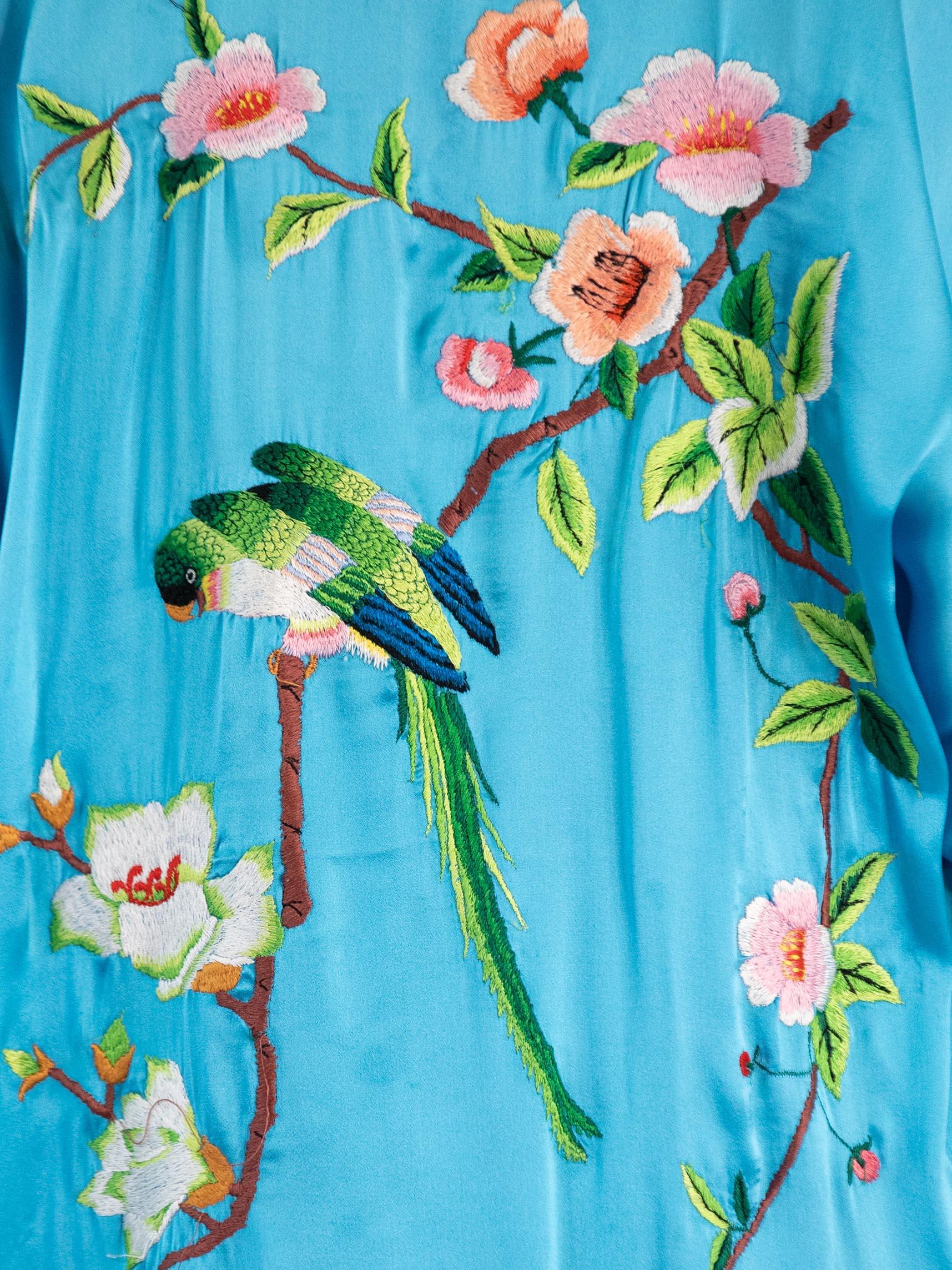 1960S Aqua Blue Hand Embroidered Silk Charmeuse Kimono With Birds For Sale 5