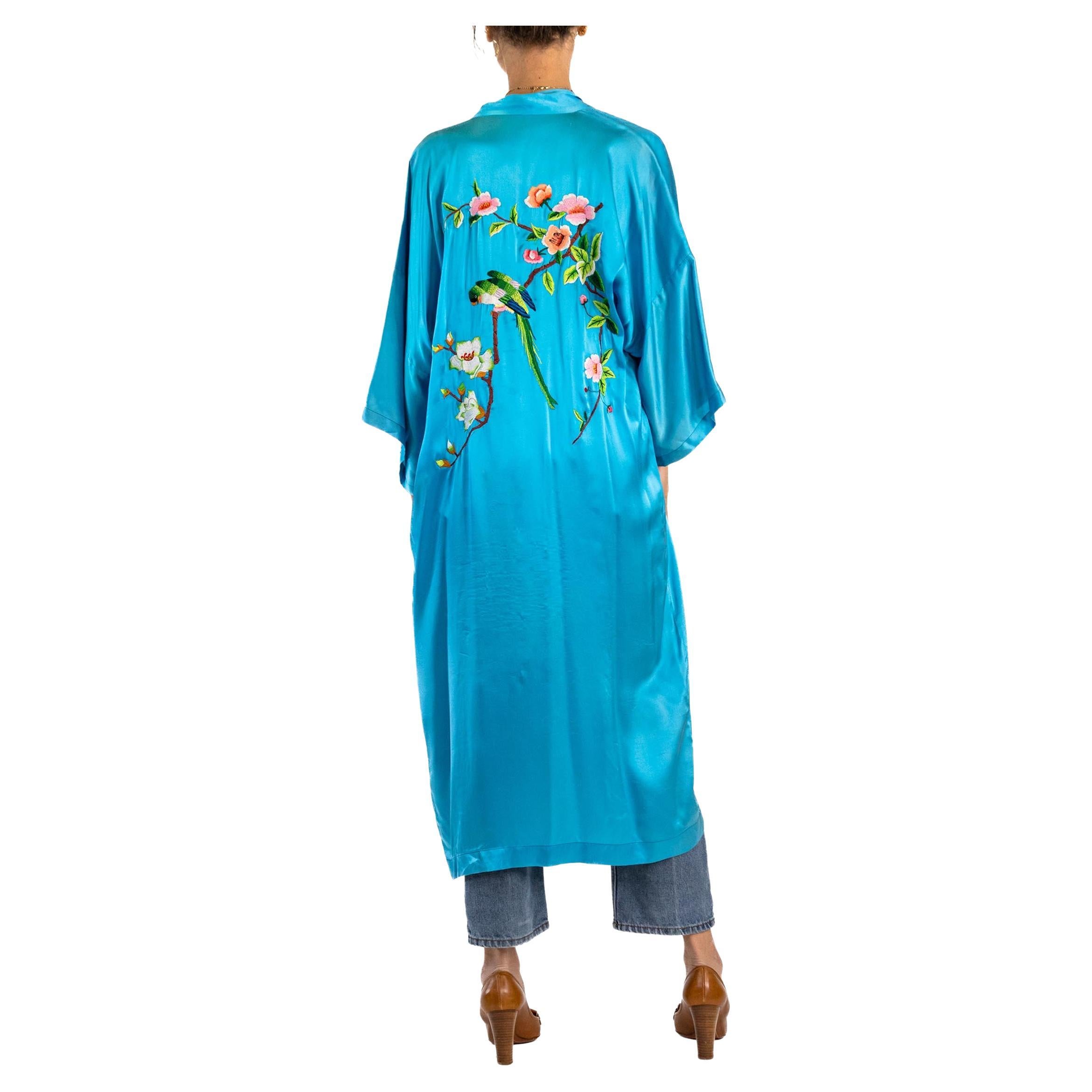 1960S Aqua Blue Hand Embroidered Silk Charmeuse Kimono With Birds For Sale