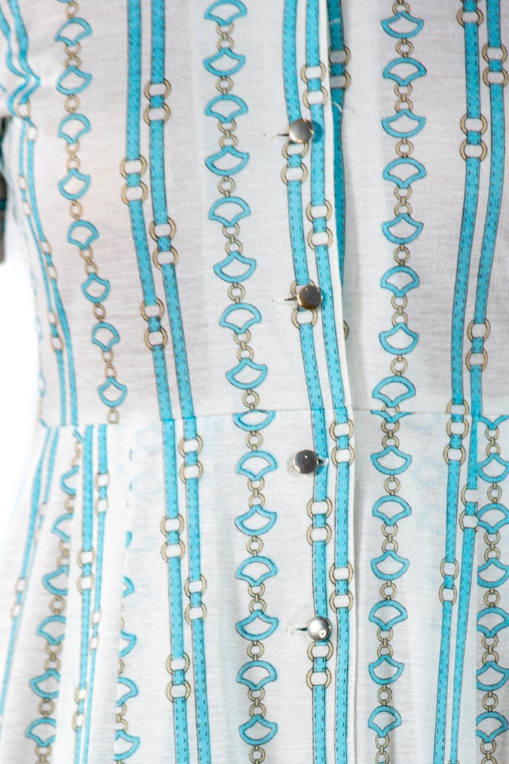 1960S Aqua Blue Status Print Cotton Blend Jersey Shirt Dress For Sale 7