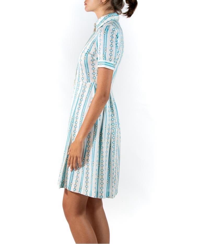1960S Aqua Blue Status Print Cotton Blend Jersey Shirt Dress In Excellent Condition For Sale In New York, NY
