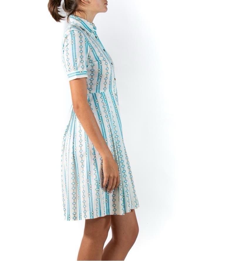 Women's 1960S Aqua Blue Status Print Cotton Blend Jersey Shirt Dress For Sale