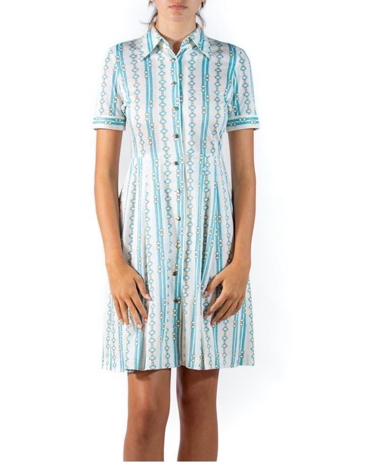 1960S Aqua Blue Status Print Cotton Blend Jersey Shirt Dress For Sale 1