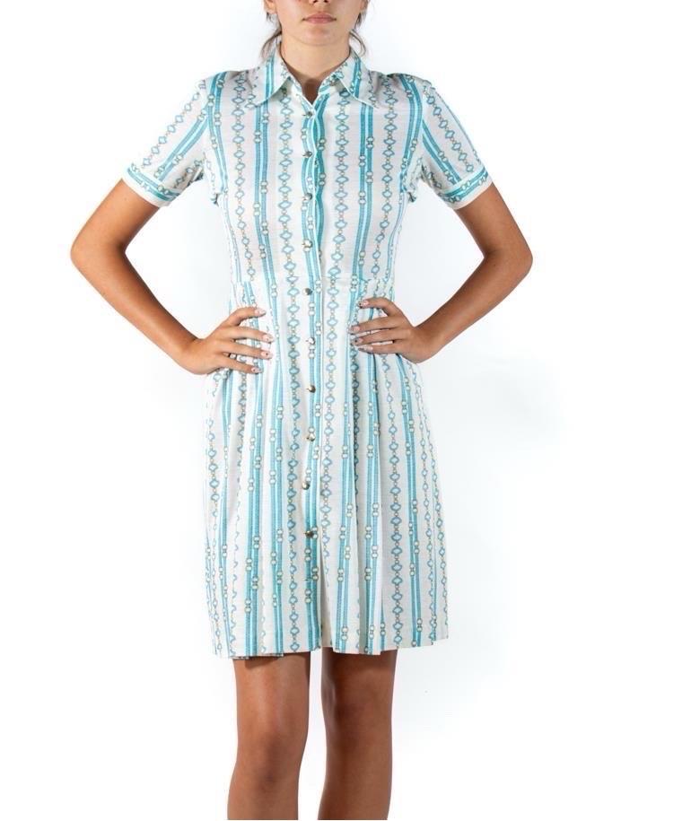 1960S Aqua Blue Status Print Cotton Blend Jersey Shirt Dress For Sale 1
