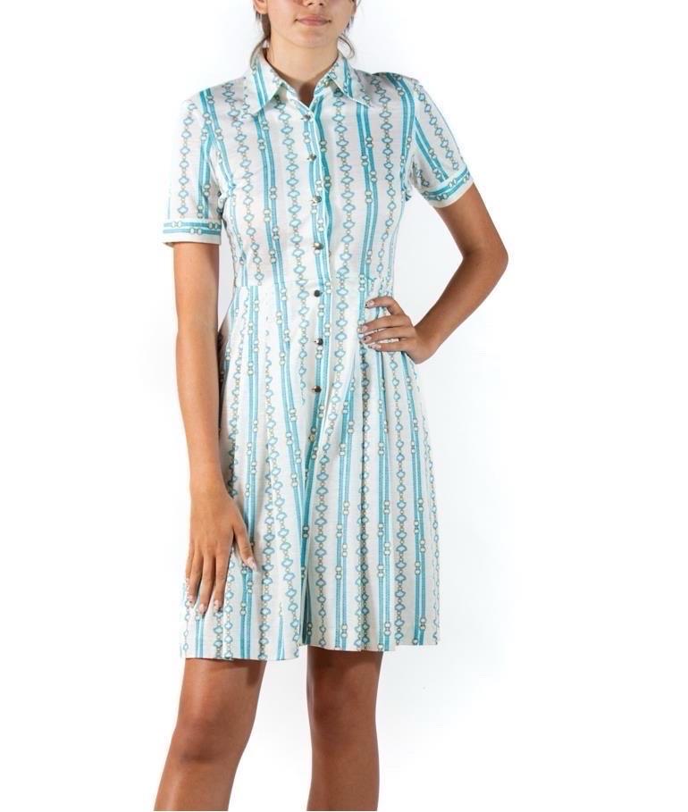 1960S Aqua Blue Status Print Cotton Blend Jersey Shirt Dress For Sale 3
