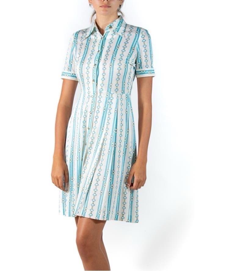 1960S Aqua Blue Status Print Cotton Blend Jersey Shirt Dress For Sale 4
