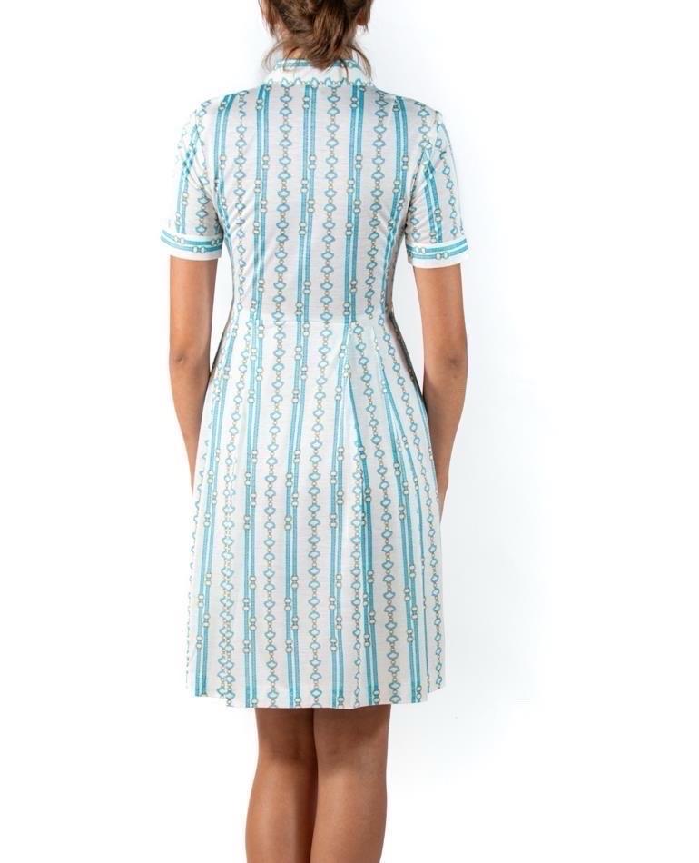 1960S Aqua Blue Status Print Cotton Blend Jersey Shirt Dress For Sale 6