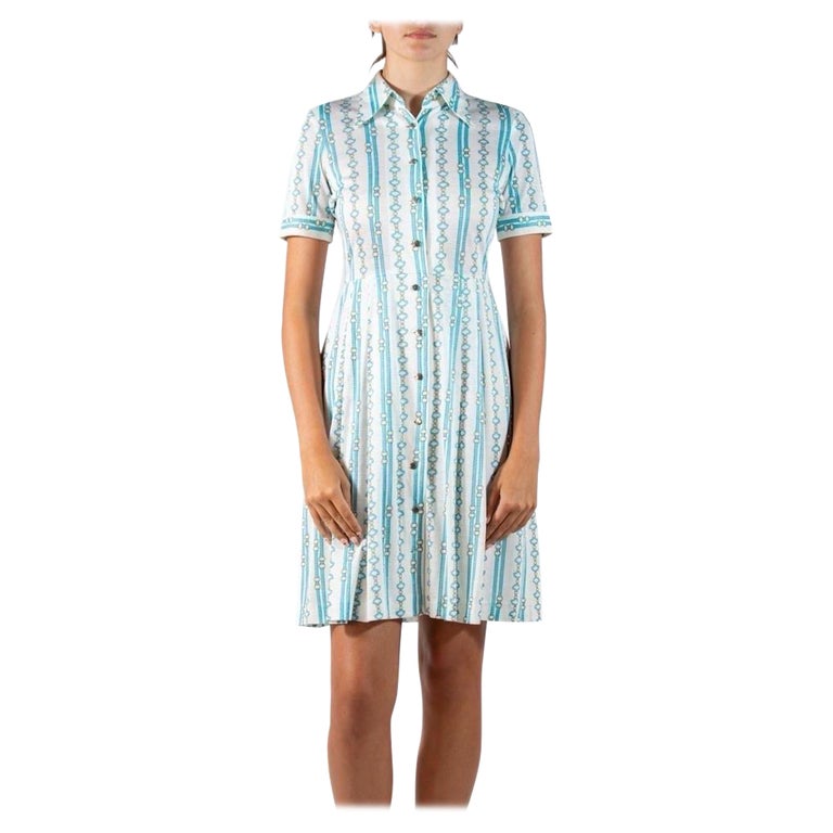 1960s Aqua Blue Status Print Cotton Blend Jersey Shirt Dress