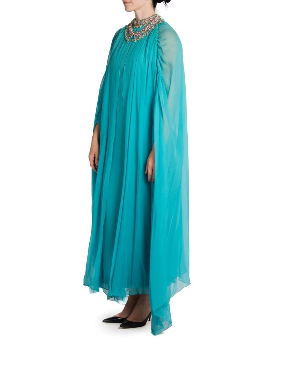 1960S Aqua Silk With Sheer Cape Gown And Rhinestones Encrusted Neckline In Excellent Condition In New York, NY