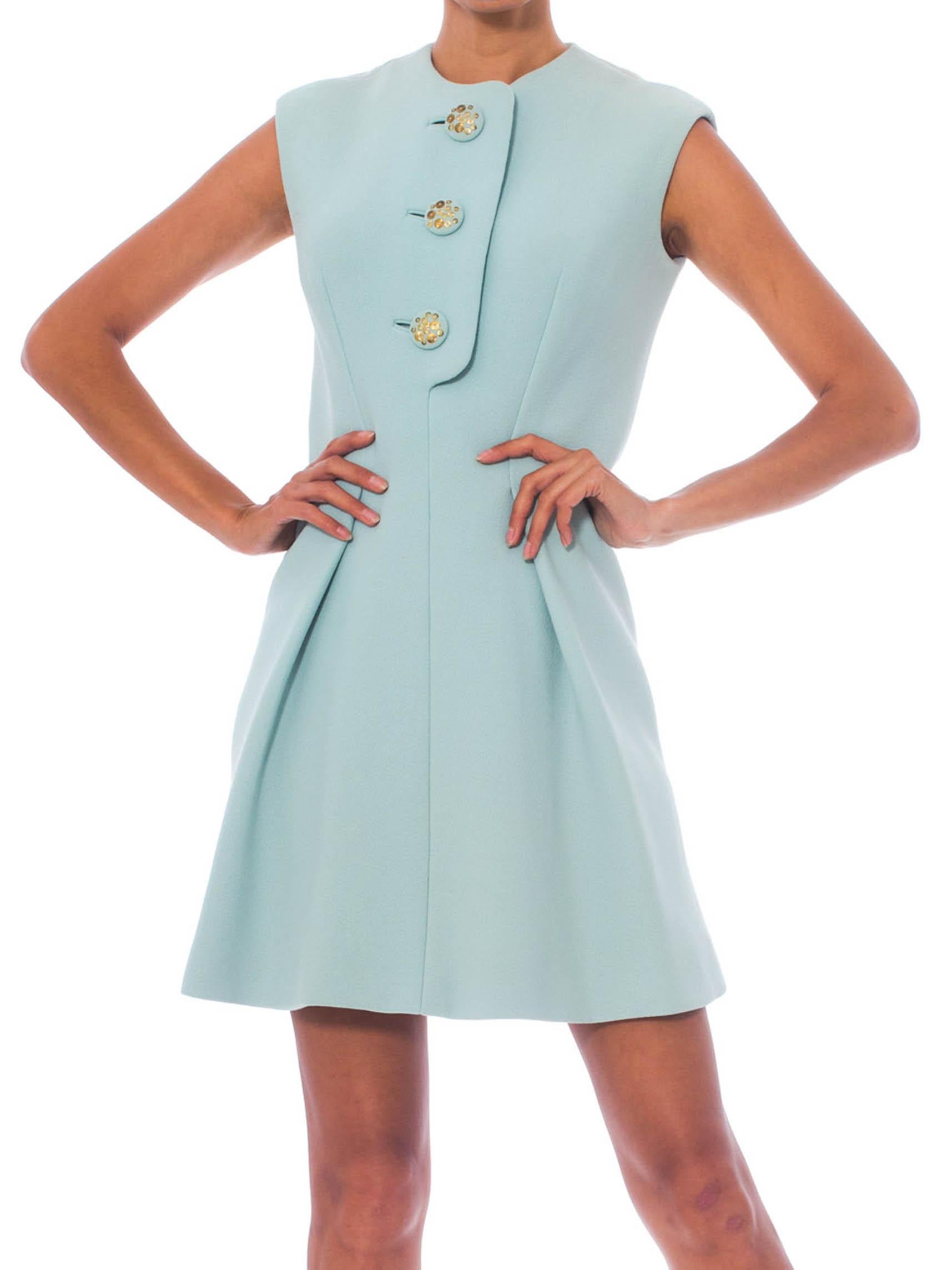 Blue 1960S PAULINE TRIGERE Aqua  Wool Mod Shift Dress Lined With Silk