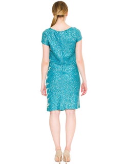 1960S Aquamarine Blue Wool Knit Hand Beaded Wiggle Cocktail Dress