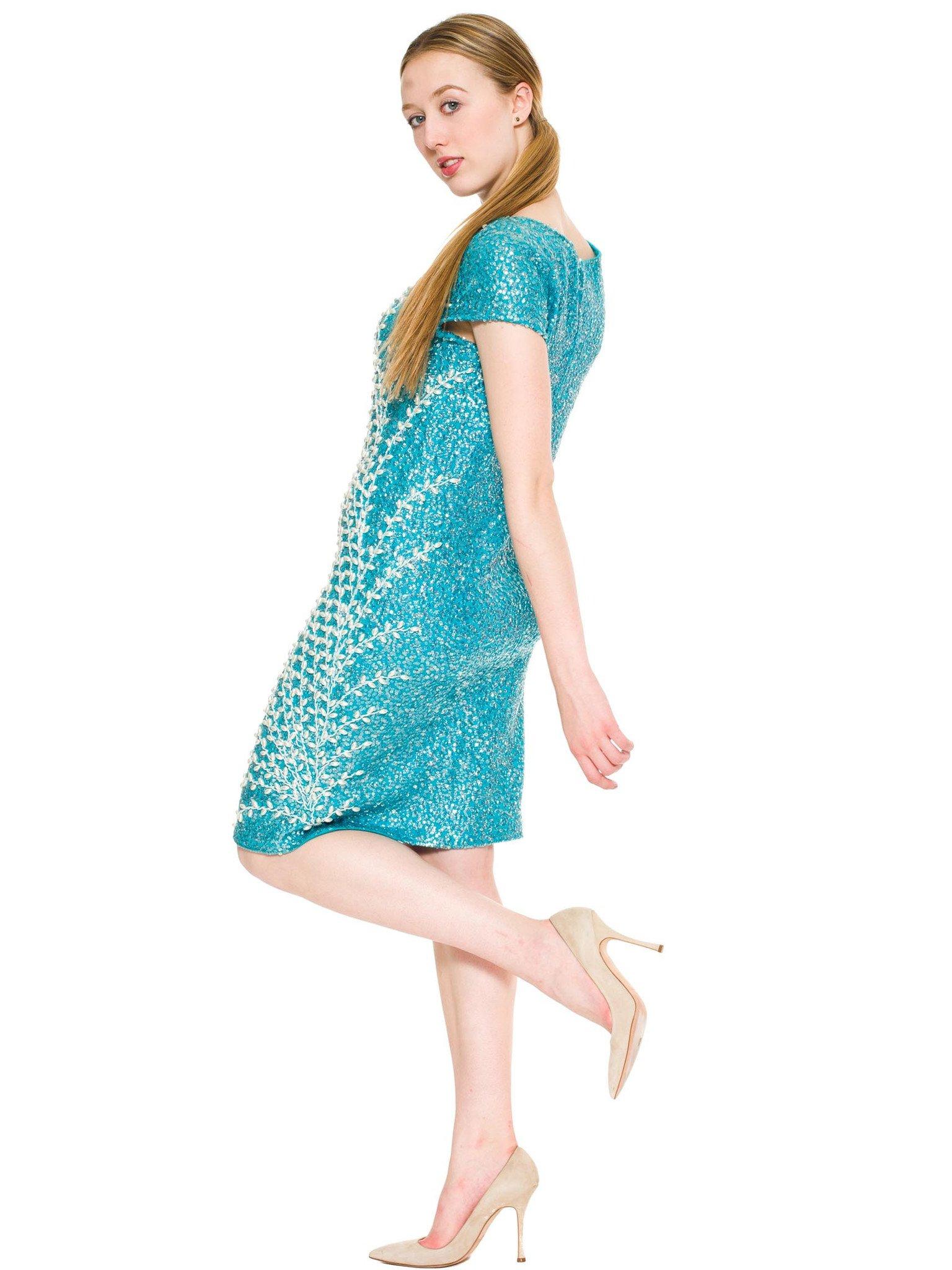 1960S Aquamarine Blue Wool Knit Hand Beaded Wiggle Cocktail Dress In Excellent Condition For Sale In New York, NY