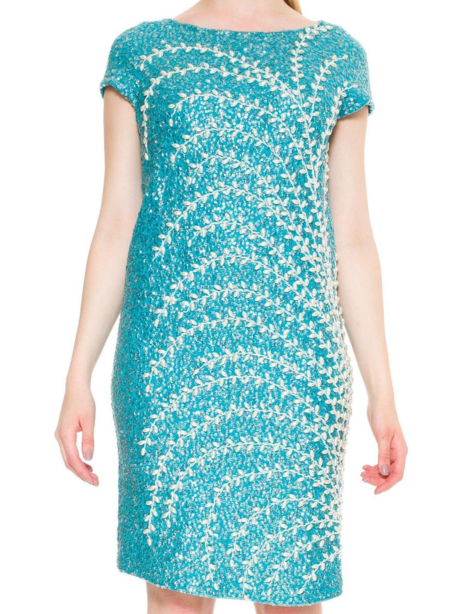 Women's 1960S Aquamarine Blue Wool Knit Hand Beaded Wiggle Cocktail Dress For Sale