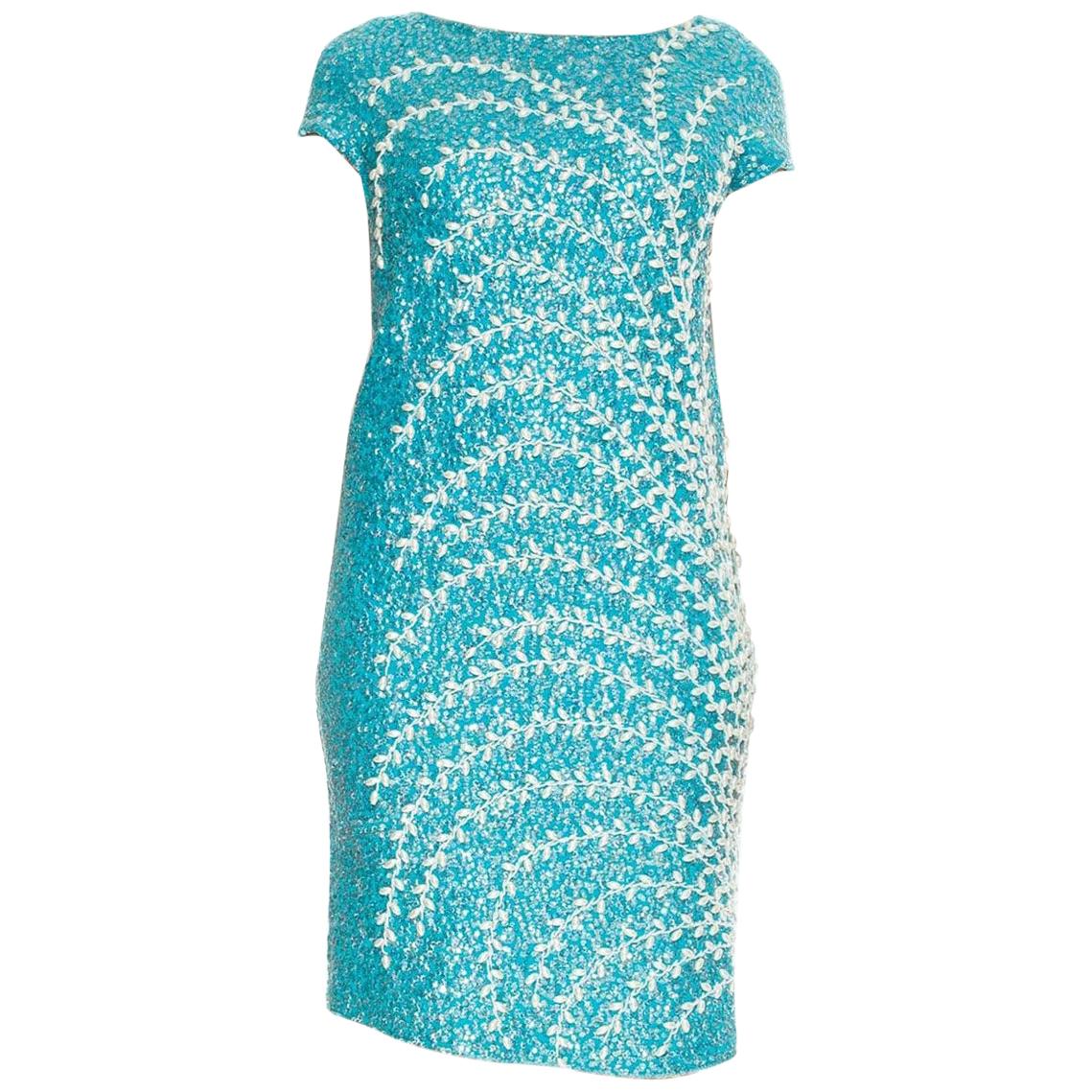 1960S Aquamarine Blue Wool Knit Hand Beaded Wiggle Cocktail Dress For Sale