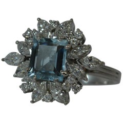 1960s Aquamarine Diamond Gold Cluster Ring