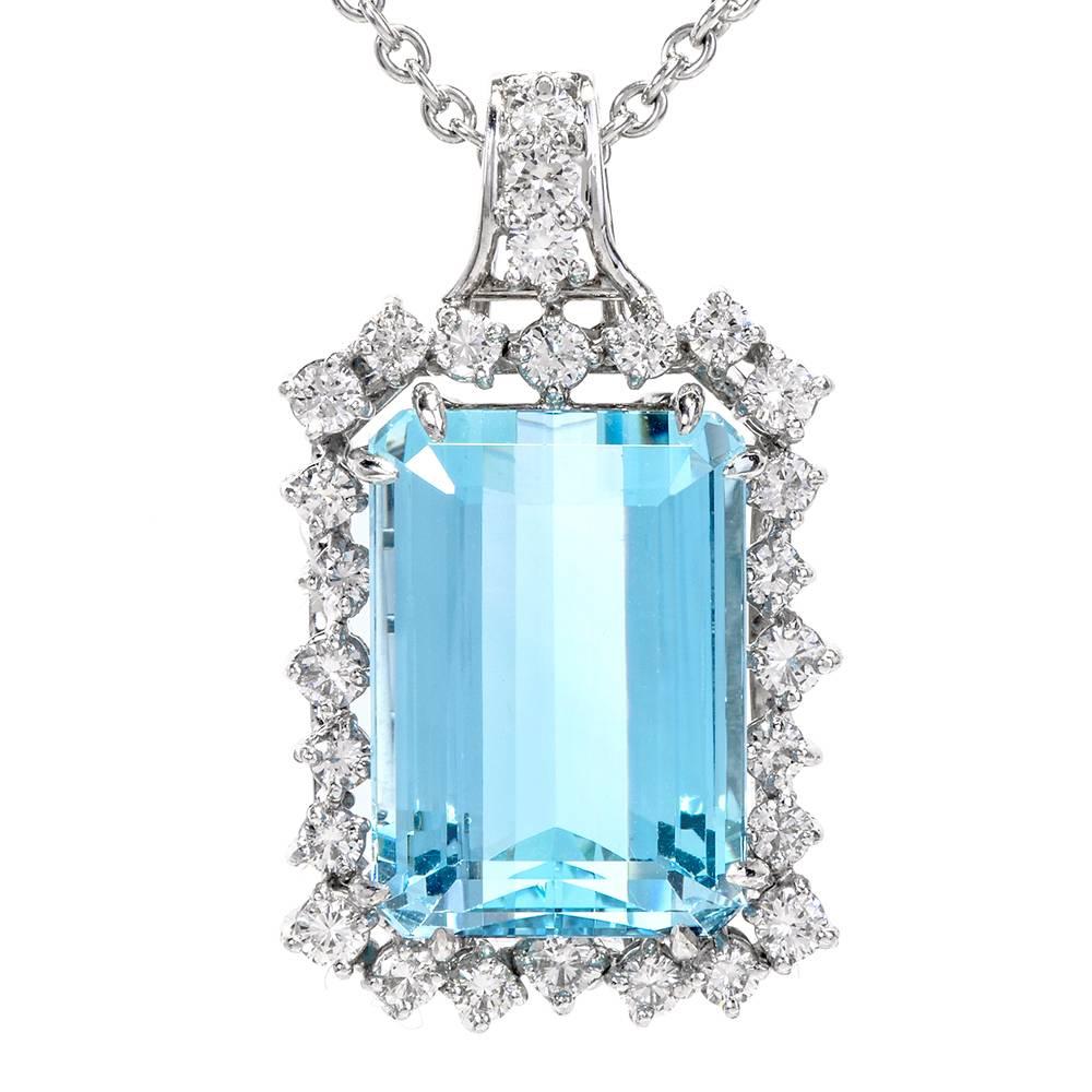 Modern 1960s Aquamarine Diamond Platinum Pendant Chain Necklace