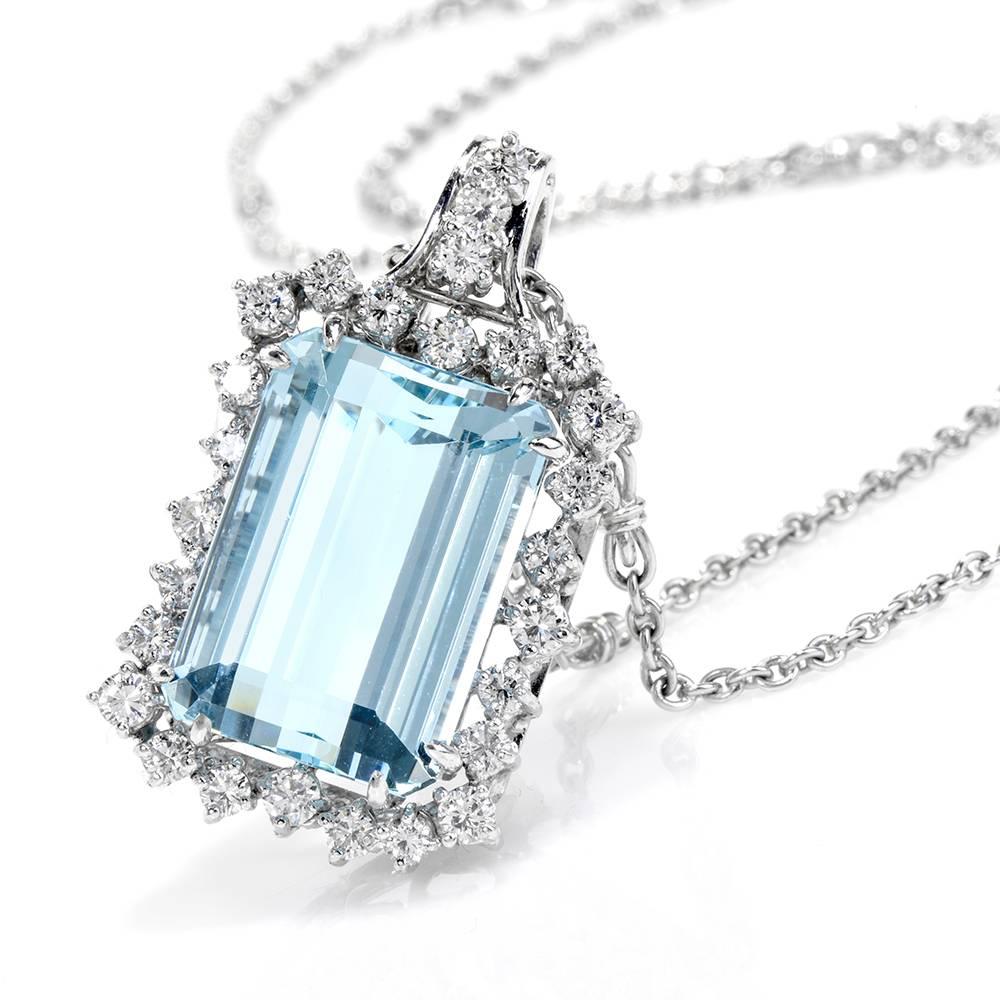 1960s Aquamarine Diamond Platinum Pendant Chain Necklace 1