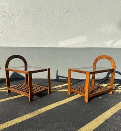 1960s Arch Double Tier Lattice Wood Large Rectangular Nightstands End Tables