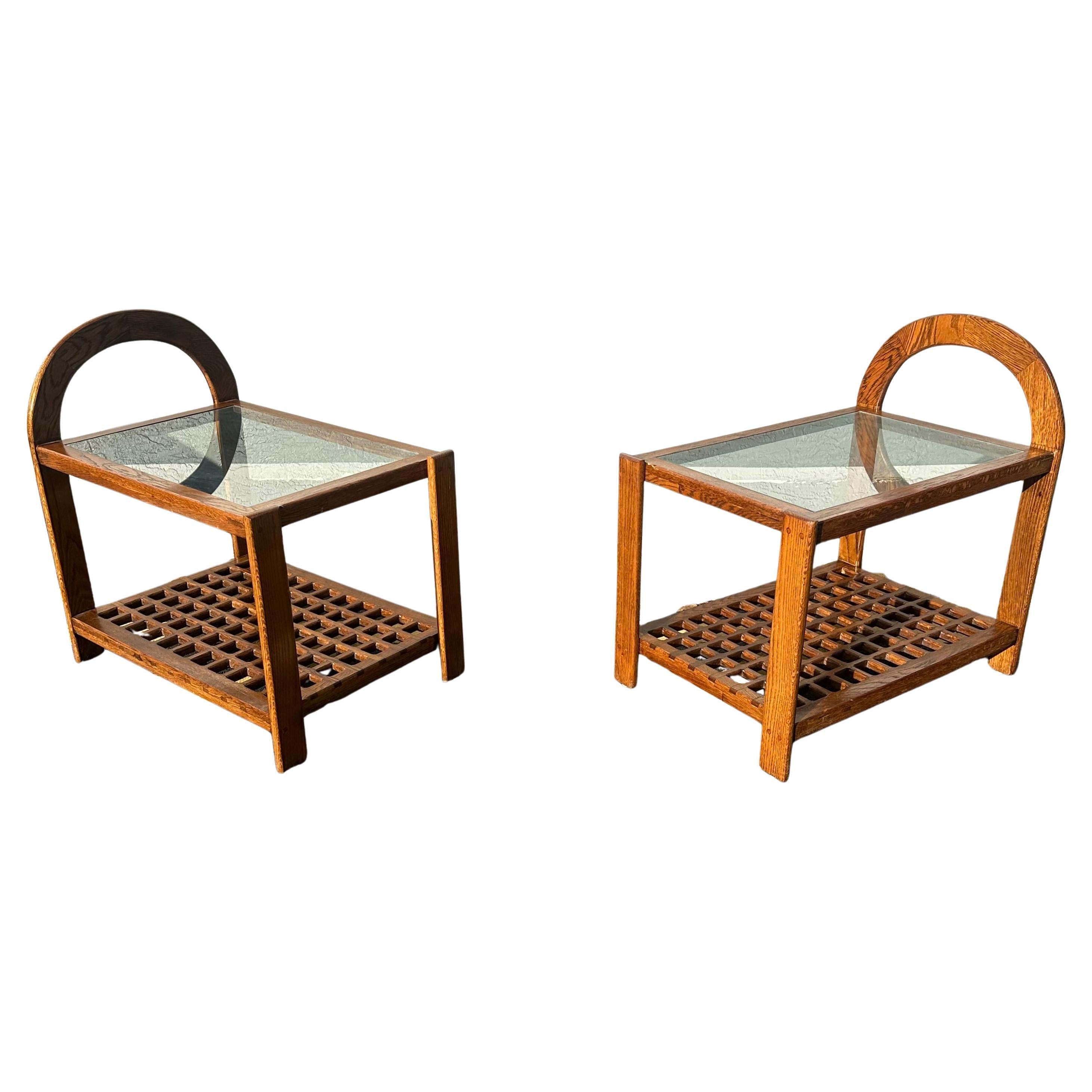 1960s Arch Double Tier Lattice Wood Large Rectangular Nightstands End Tables For Sale