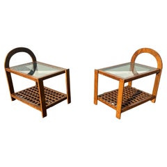 1960s Arch Double Tier Lattice Wood Large Rectangular Nightstands End Tables