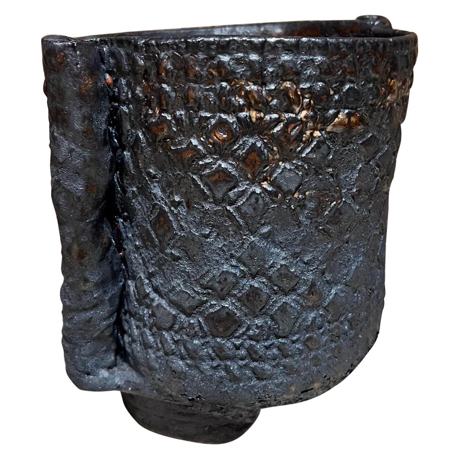 1960s Architectural Textured Pottery Planter Blue Gray Garden Pot