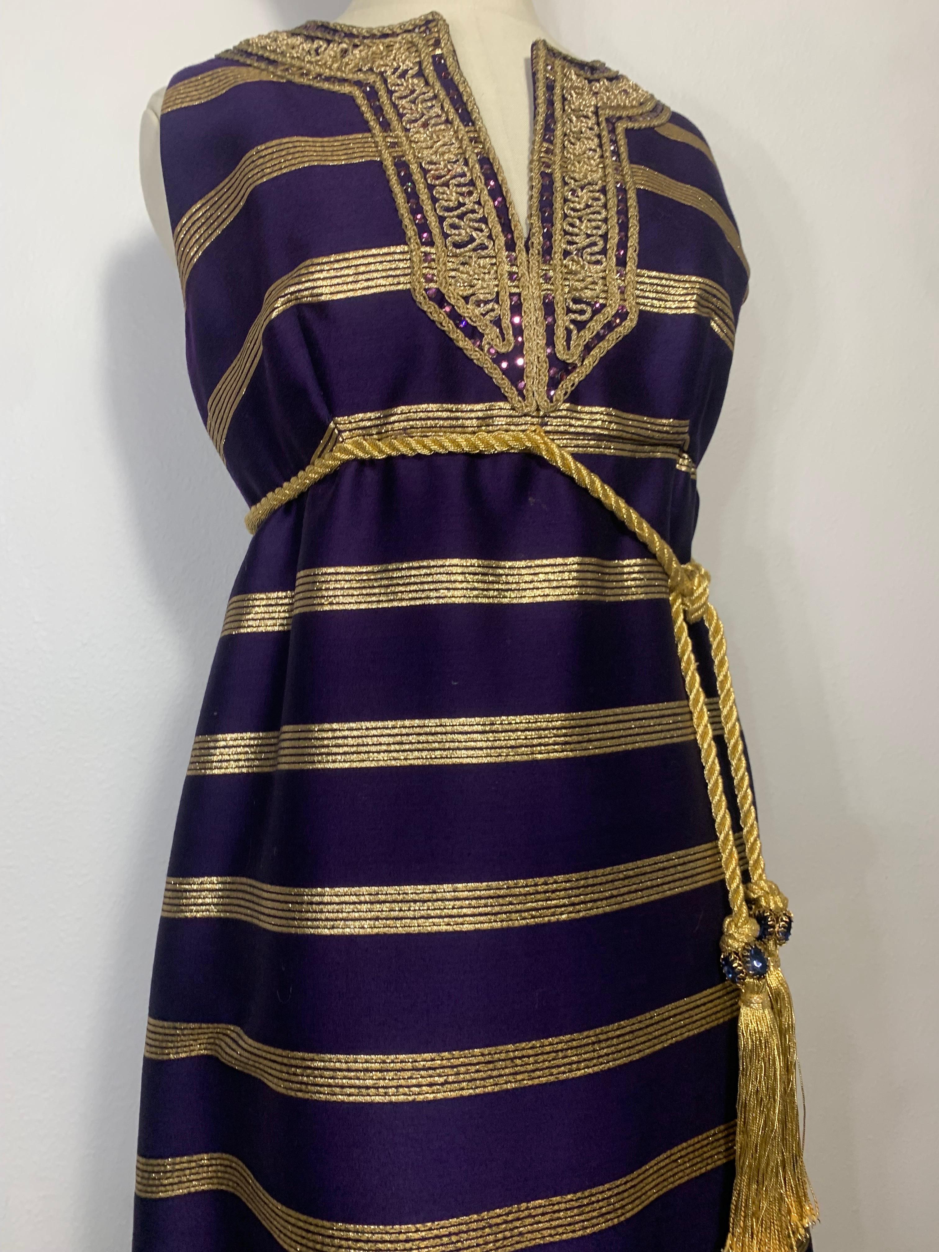 1960s Arkay Purple & Gold Lame Sharkskin Moroccan Inspired Embroidered Maxi For Sale 8